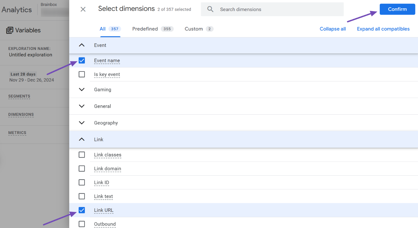 selecting dimensions