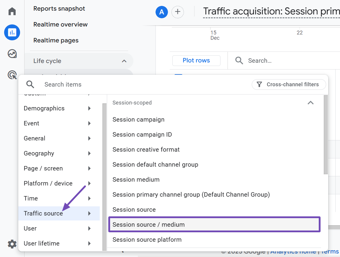 session source and medium dimension in GA