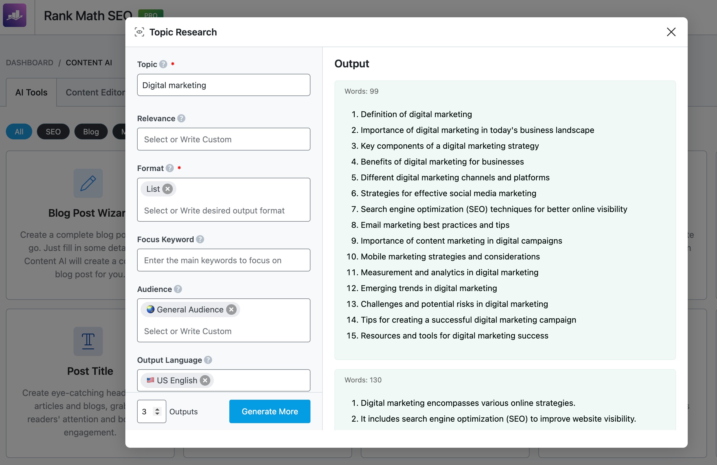 Topic Research AI tool in Rank Math