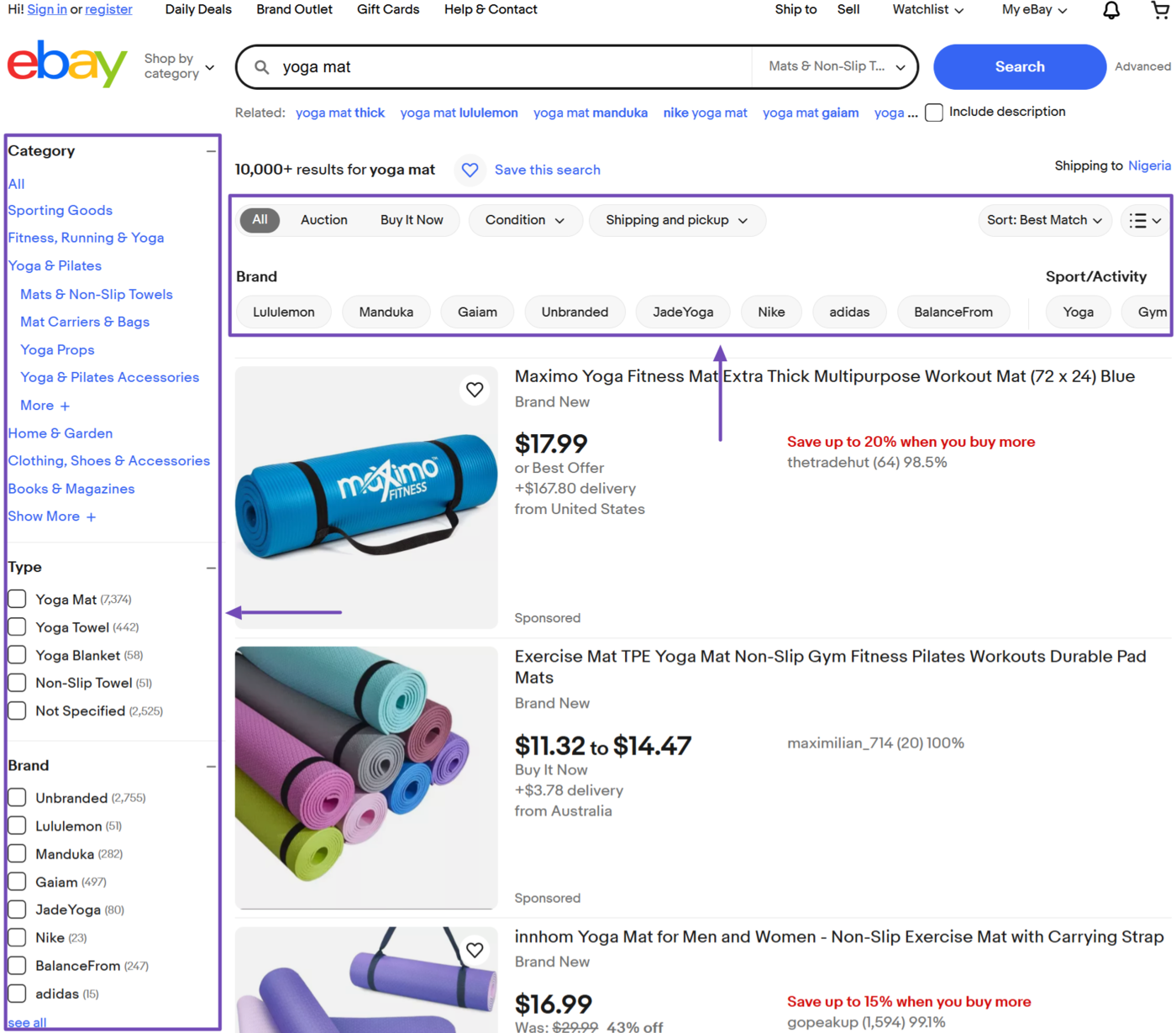 Example of faceted navigation on an ecommerce website