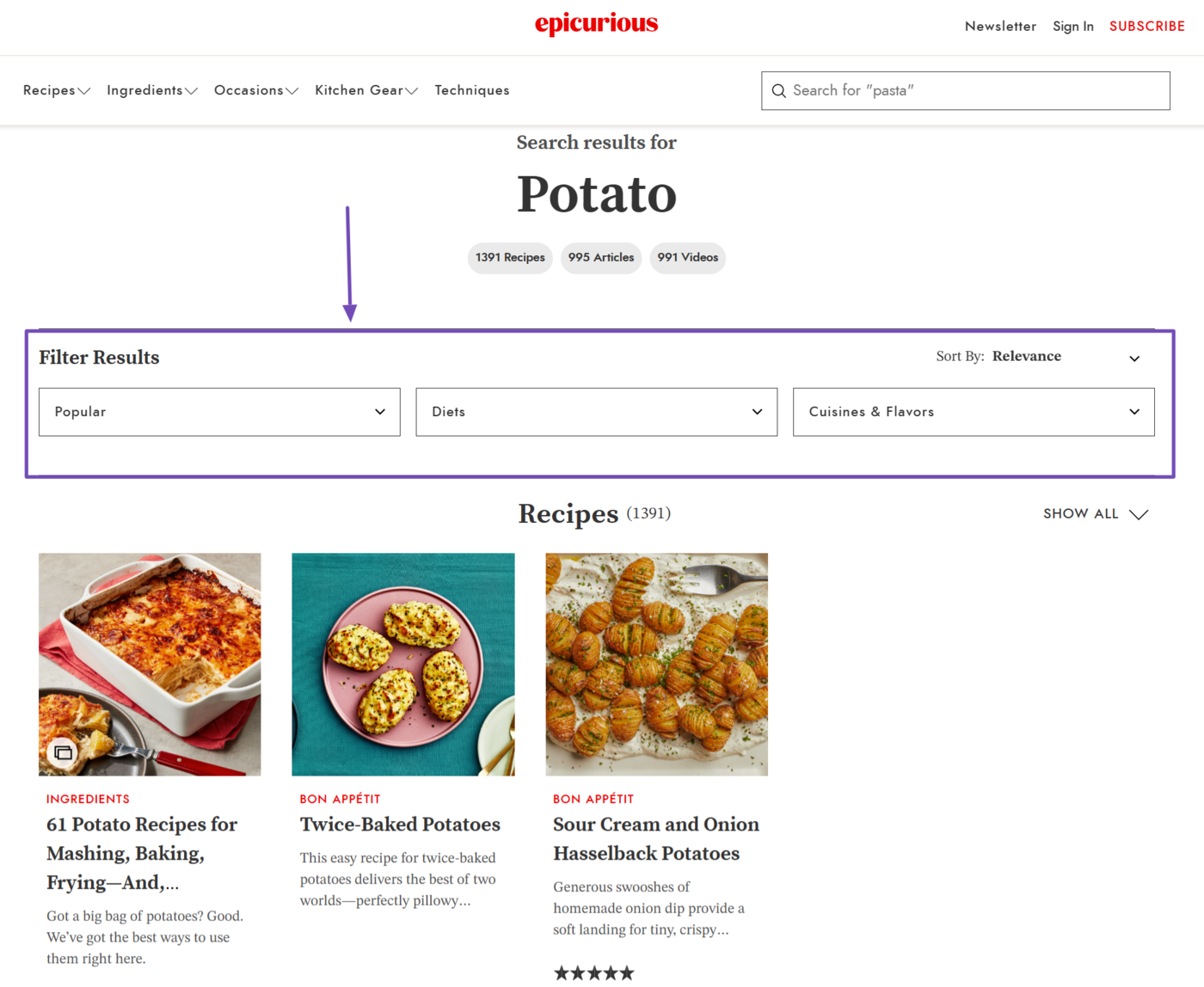 Faceted navigation on a food and recipe site