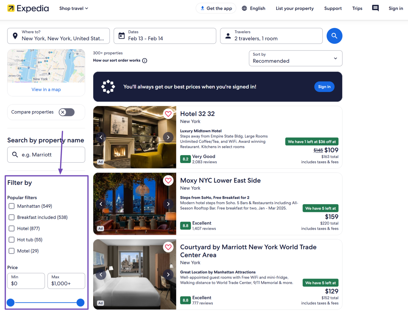 Faceted navigation on a travel booking site