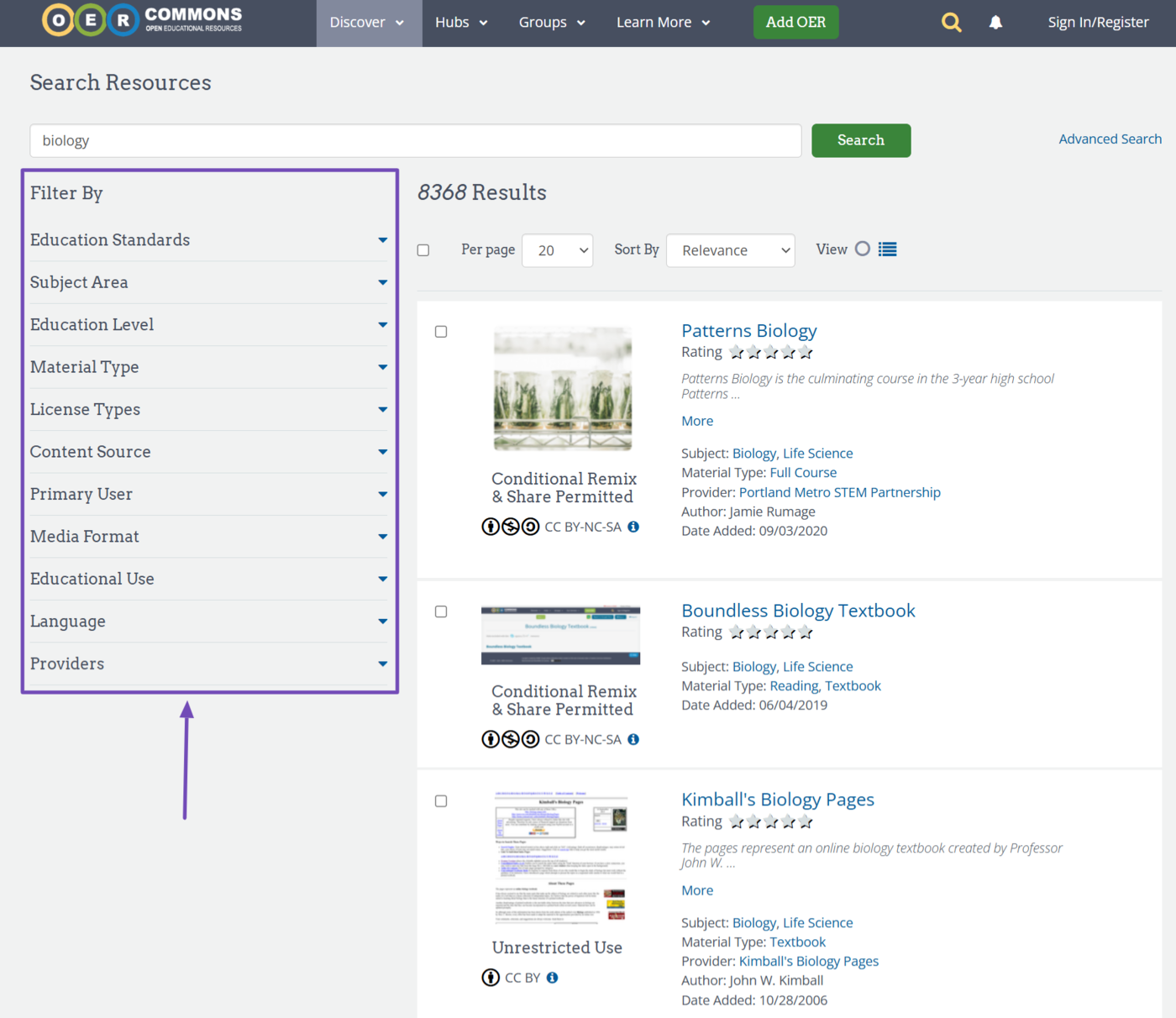 Faceted navigation on an educational resource library