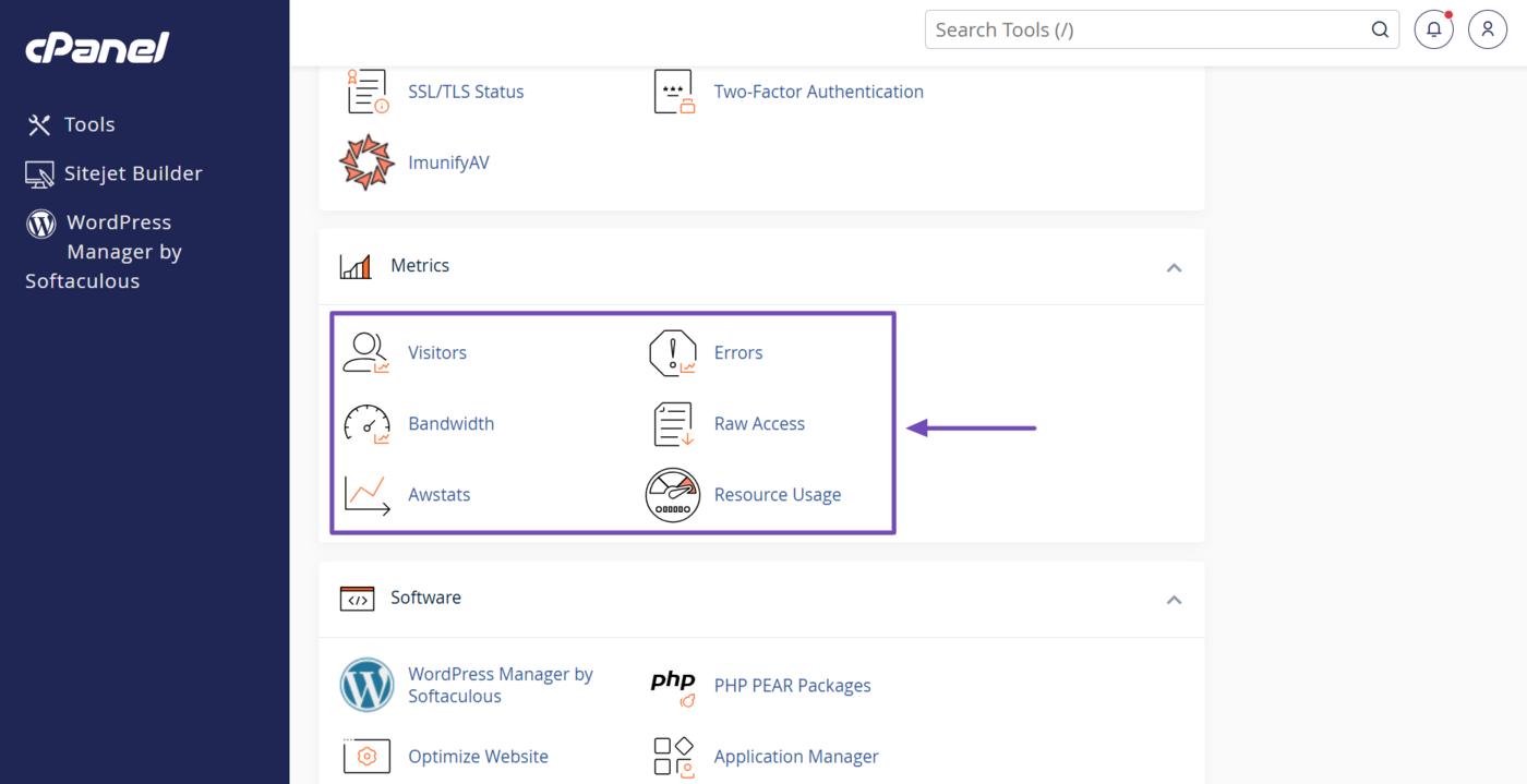 Sample of the Metrics section in cPanel