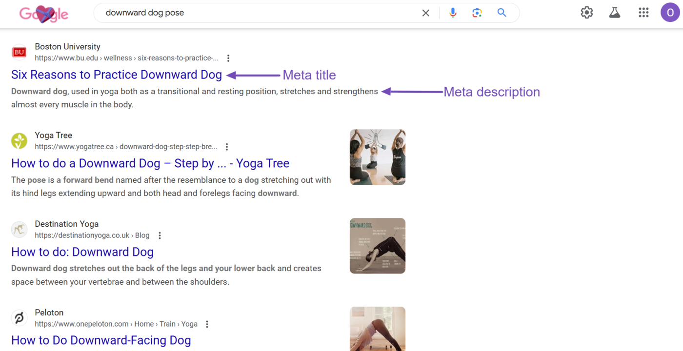 Sample of the meta title and description on search results pages