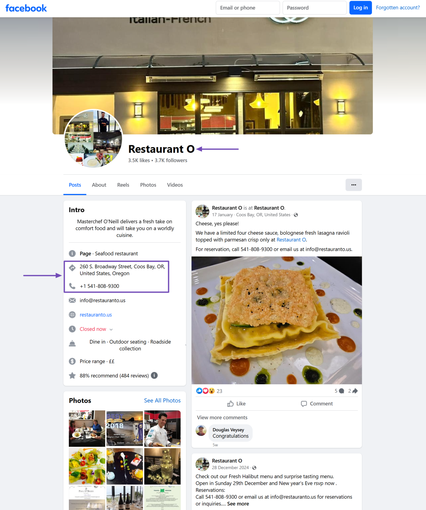 Sample of the name, address, and phone number on a social media profile page