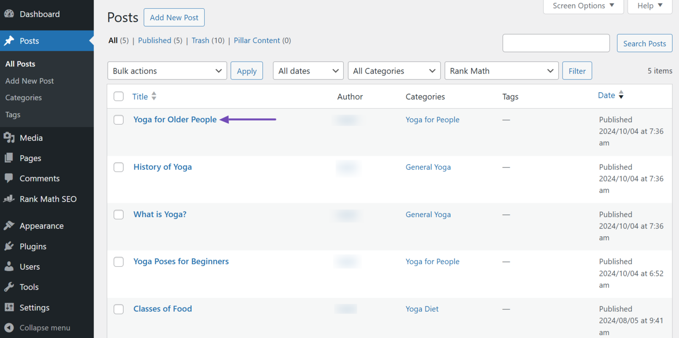 Select the post or page to set to noimageindex