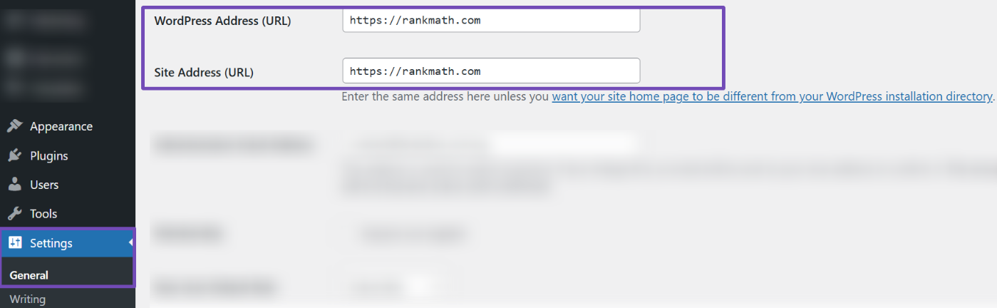 Check the WordPress Address (URL) and Site Address (URL) in WordPress