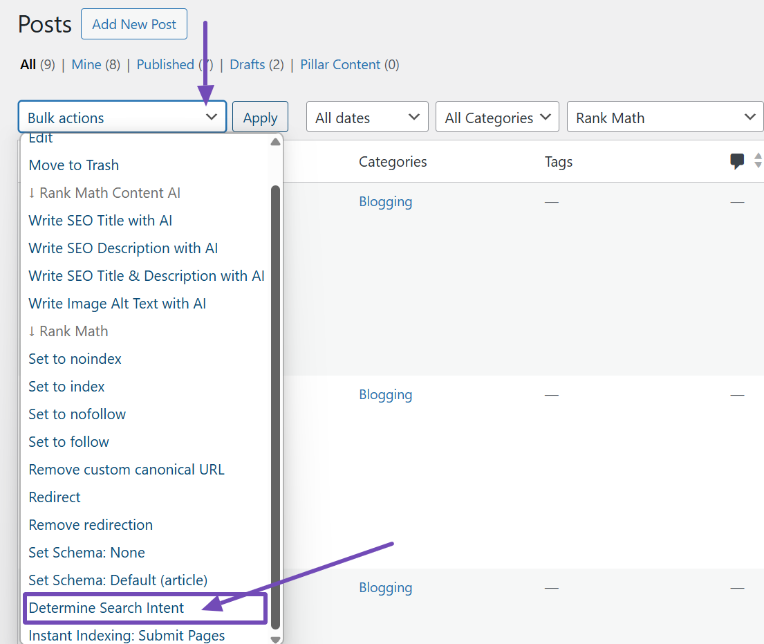 Choose the Determine Search Intent option from the Bulk actions