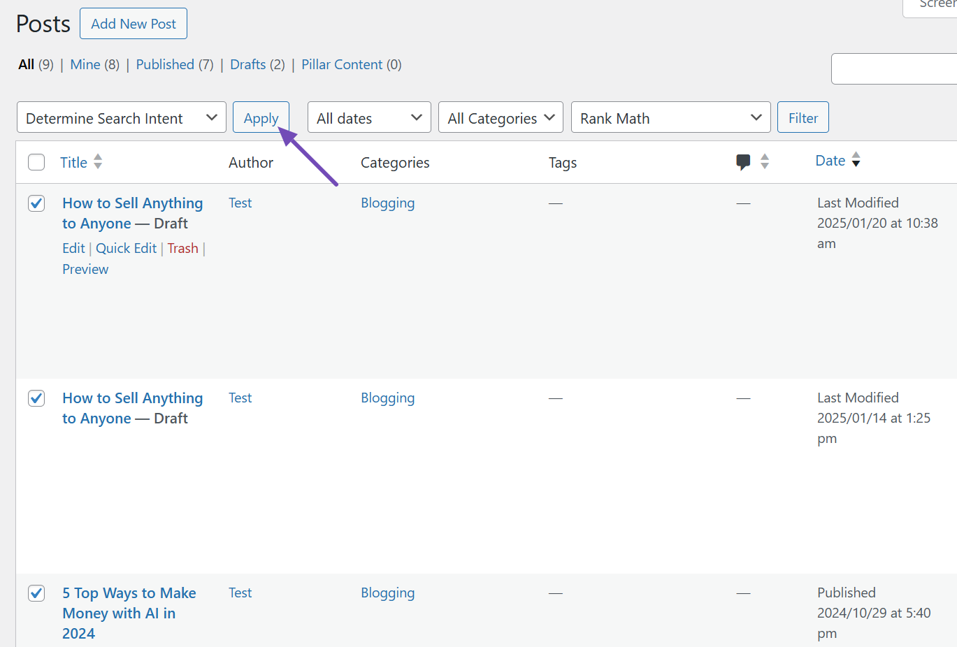 Determine search intents of focus keywords in bulk in Rank Math 