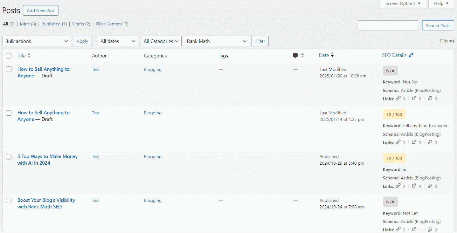 Edit focus keywords with Rank Math in bulk