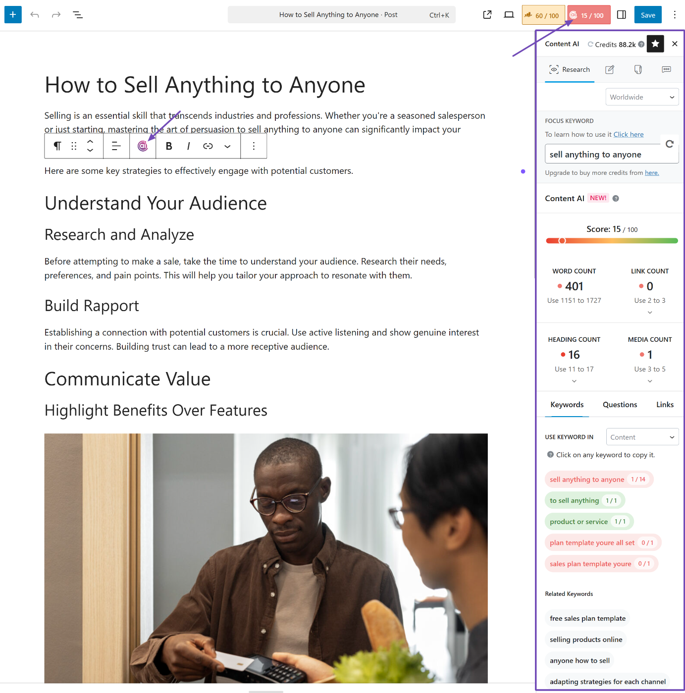 Content AI in WordPress editor