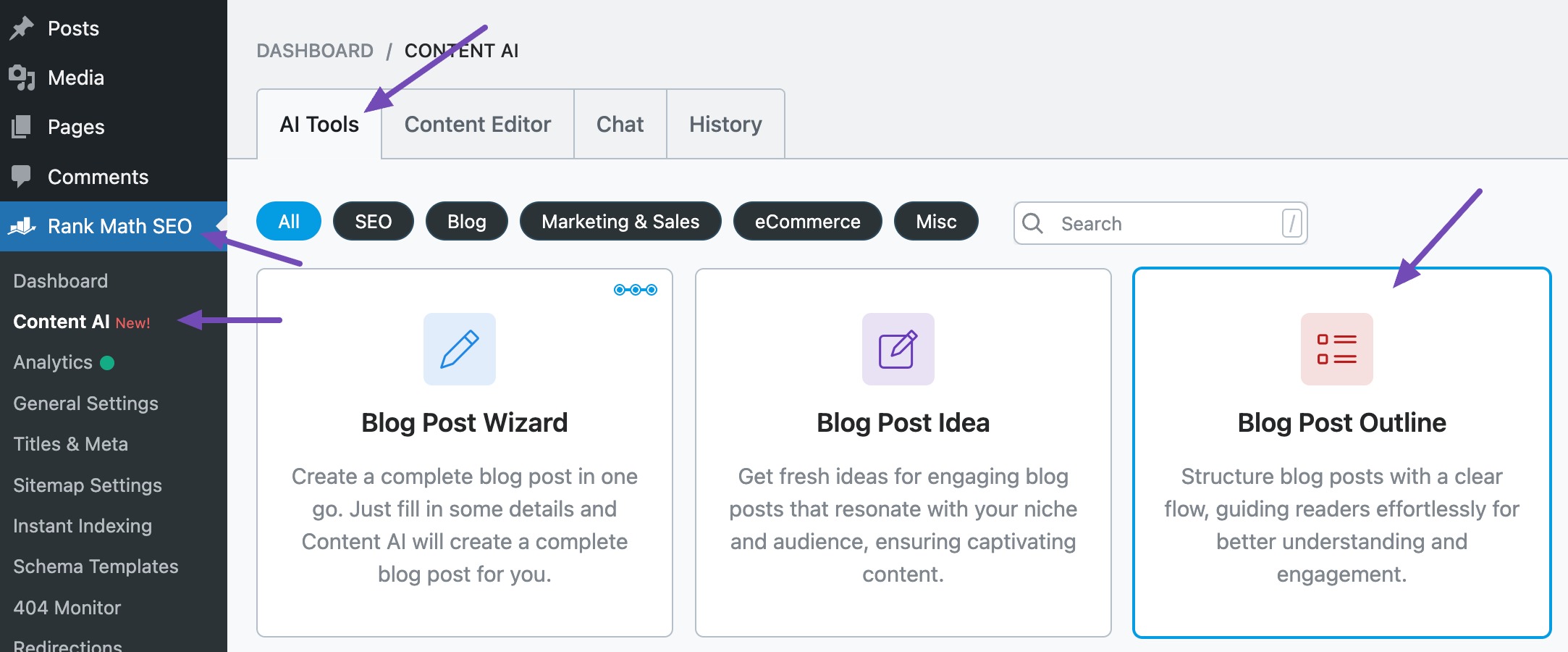 Select Blog Post Outline tool in Rank Math