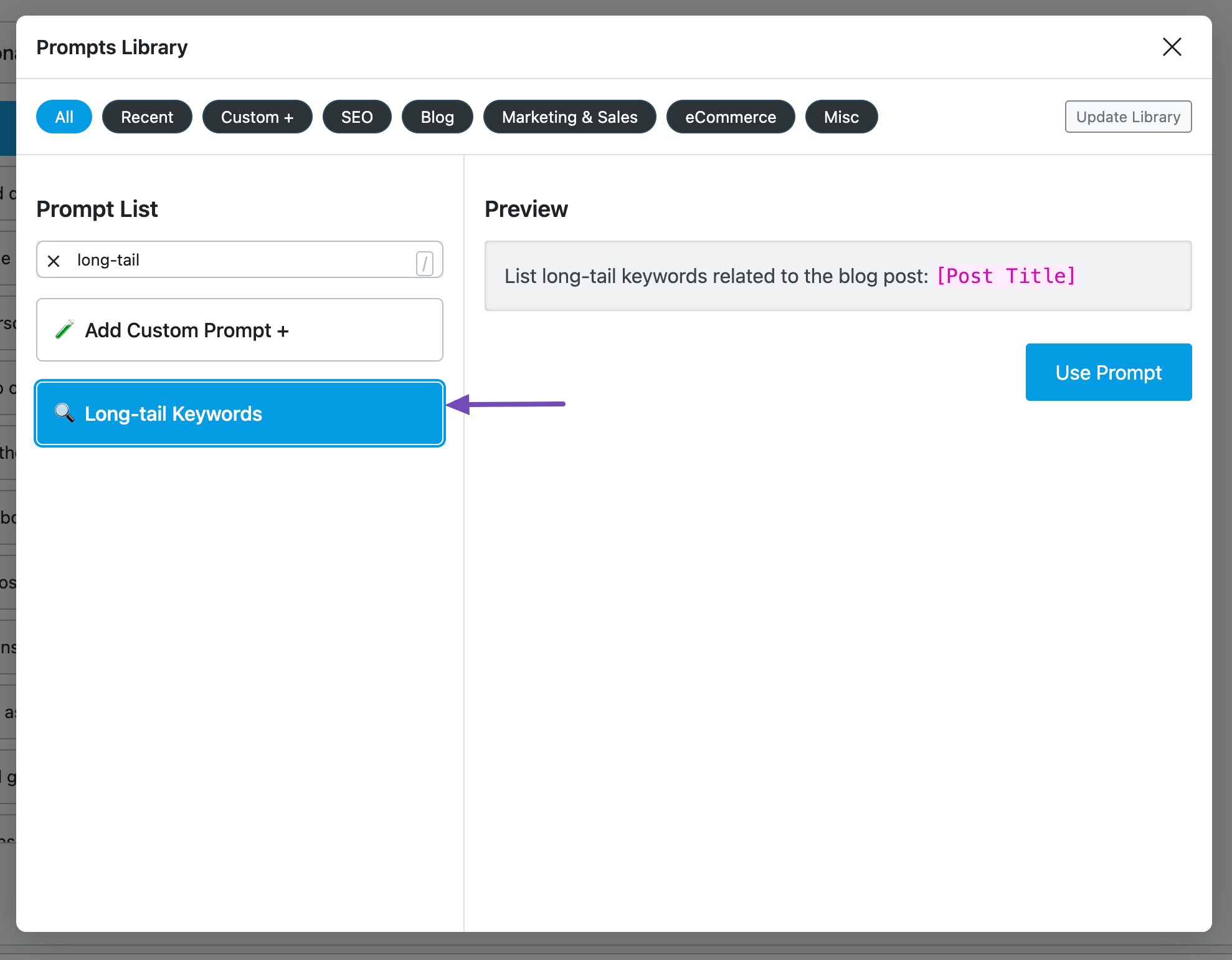 Long tail keywords prompt in RankBot