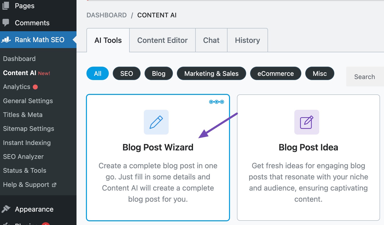 select Blog Post Wizard AI tool in Rank Math