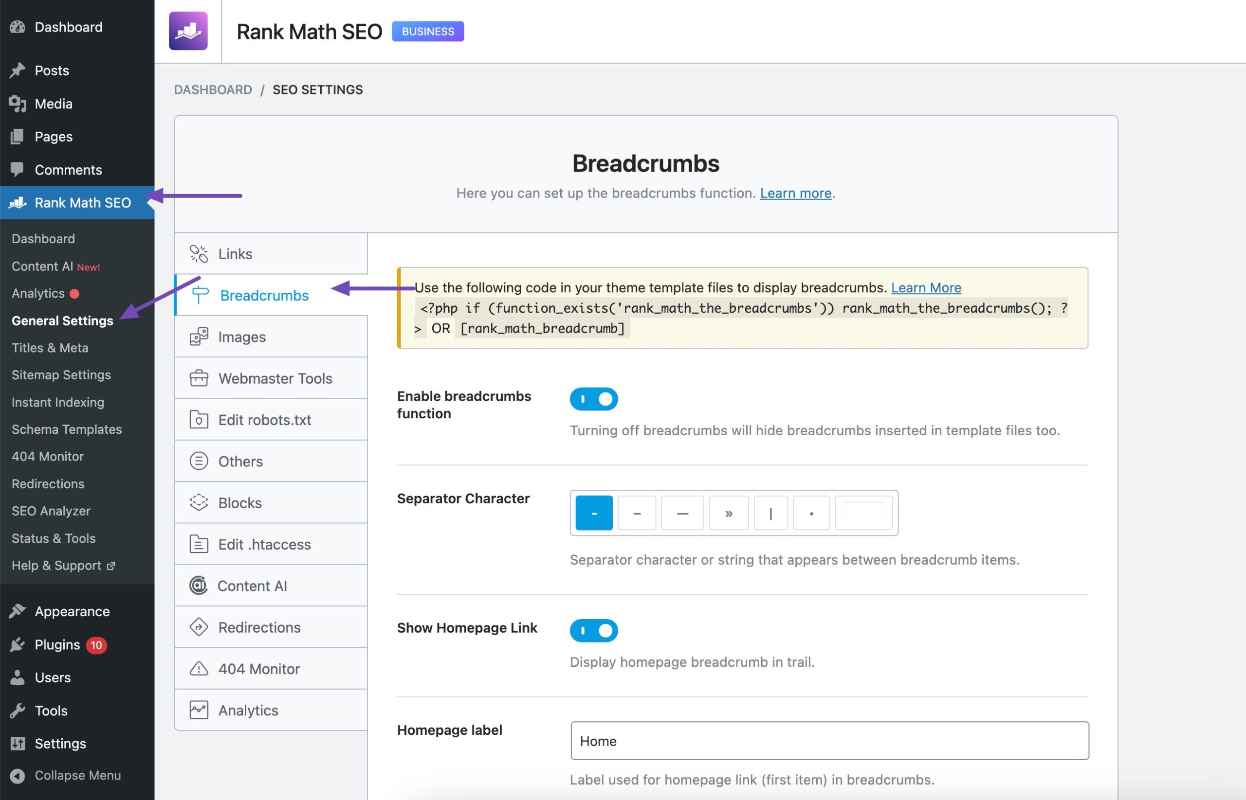 Breadcrumbs settings in Rank Math