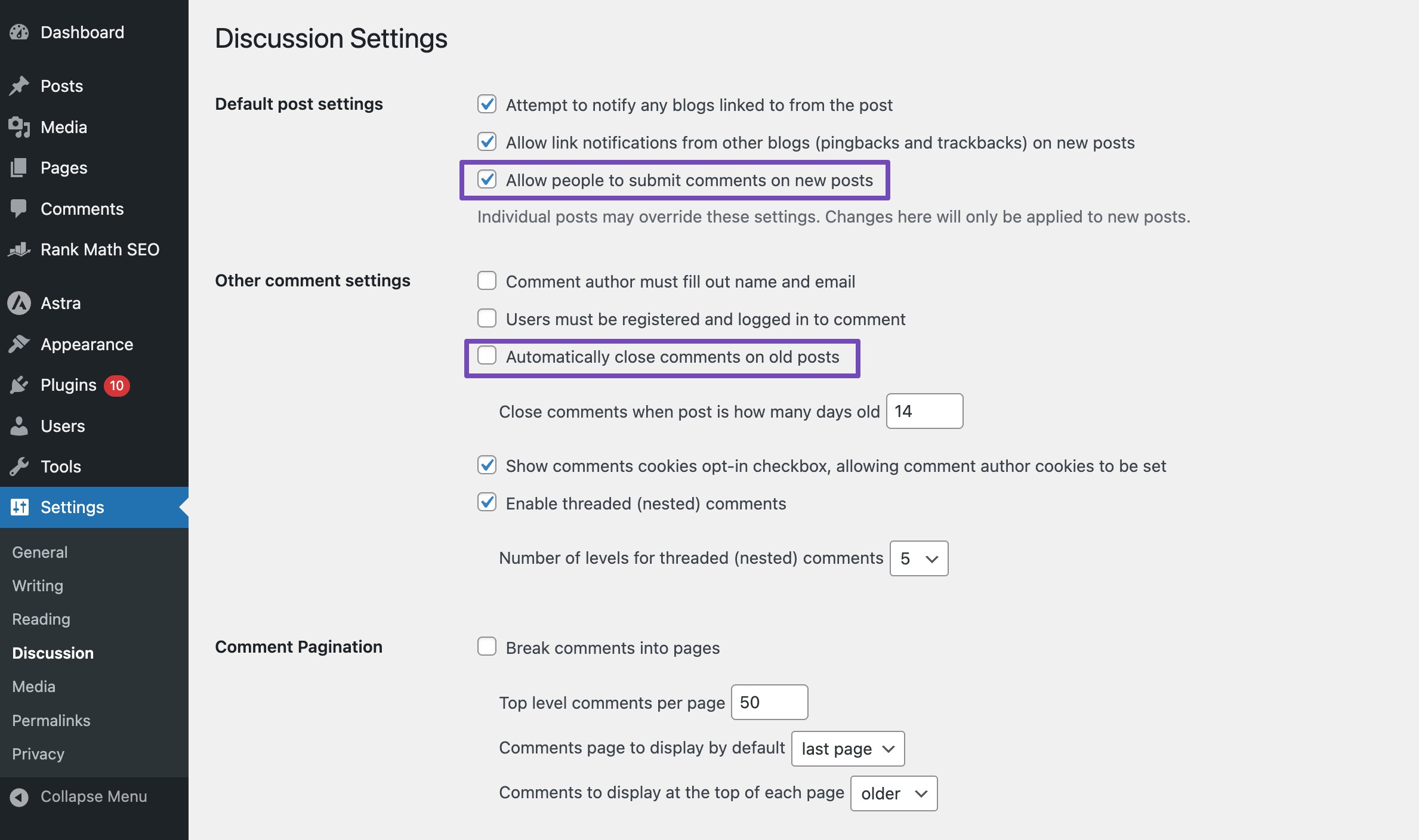 Fix comments are closed from WordPress dashboard