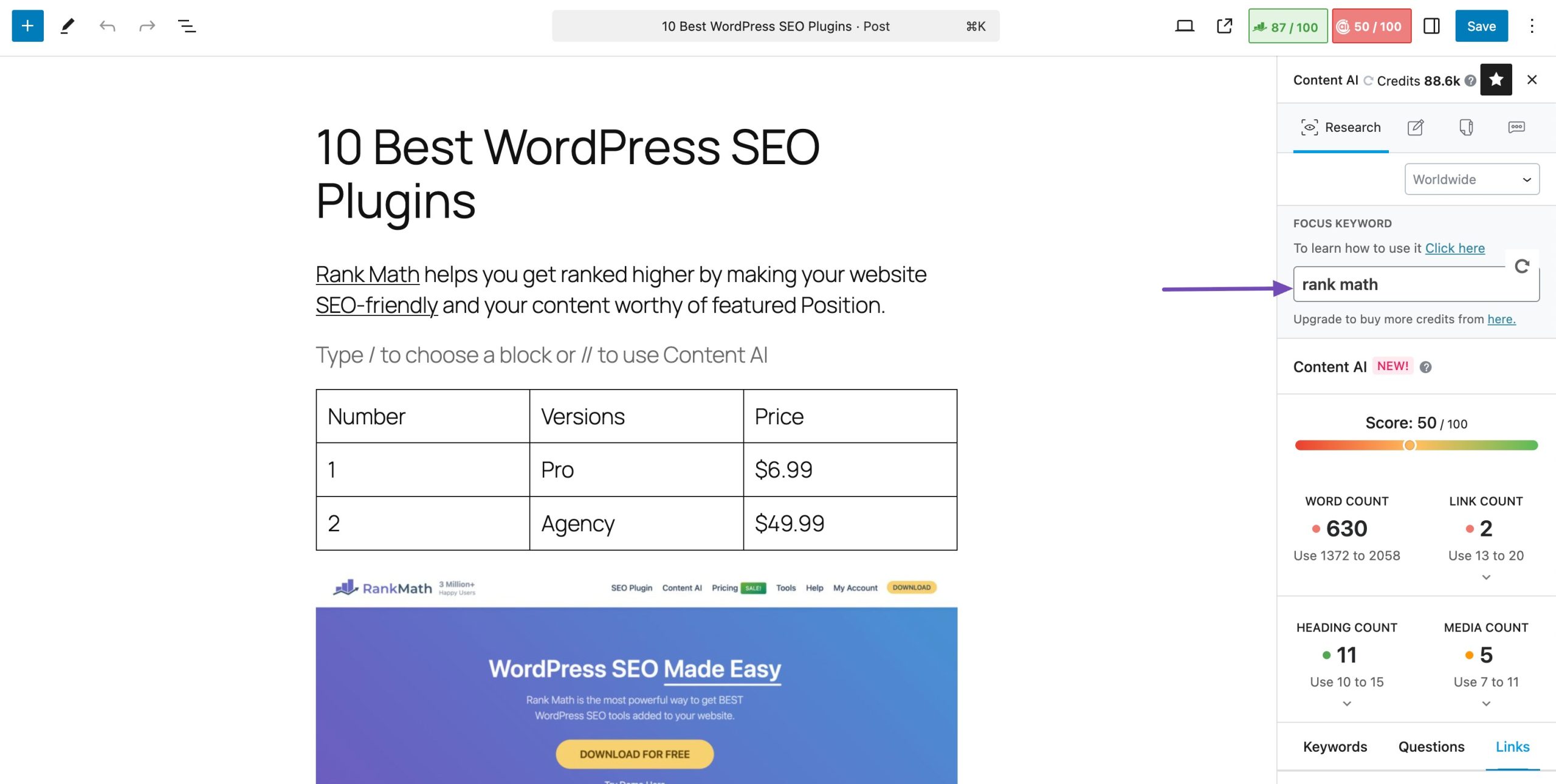 Enter focus keyword