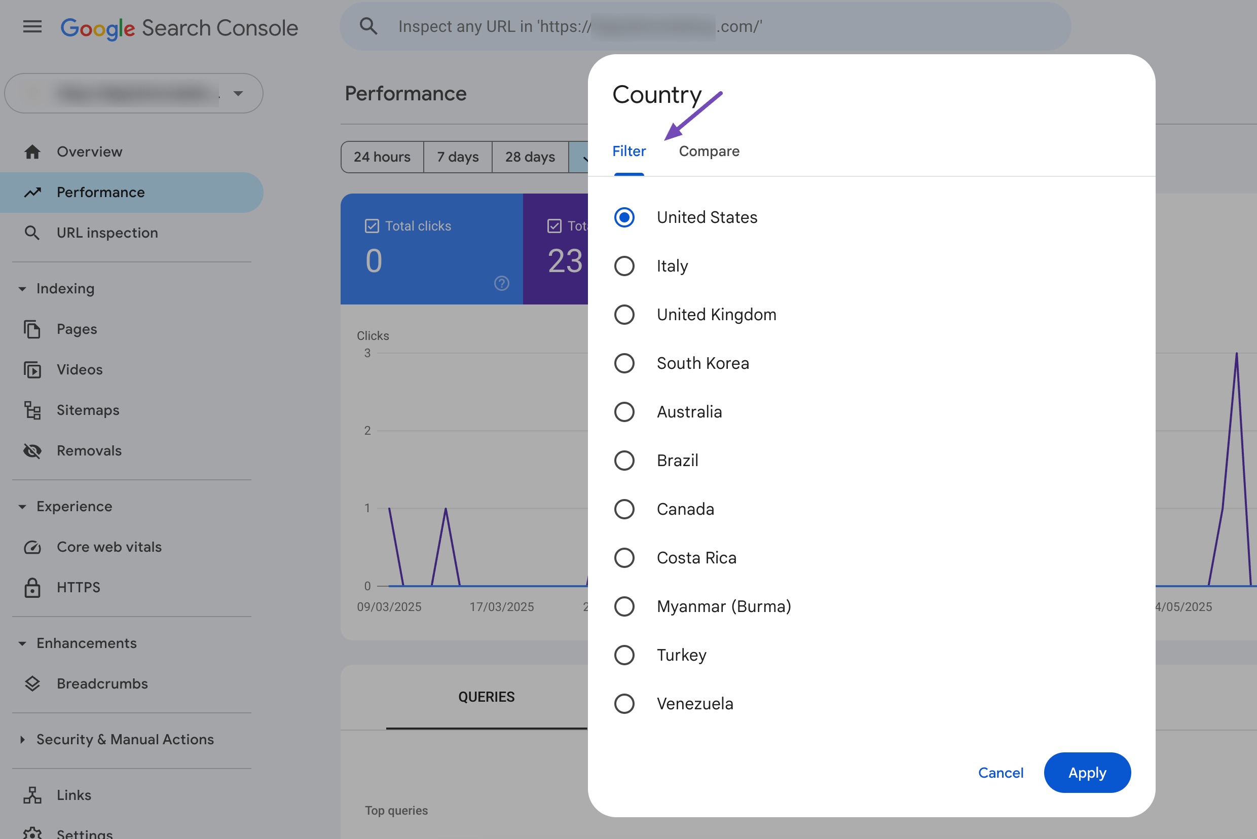 Filter by Country in Google Search Console
