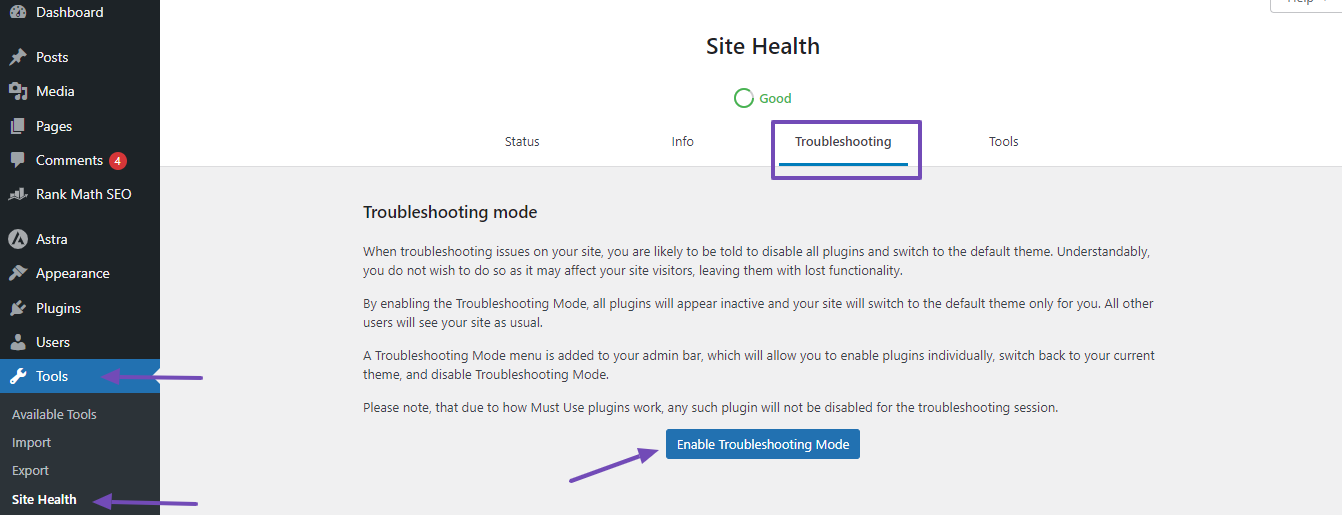 Troubleshoot in Health Check & Troubleshooting plugin