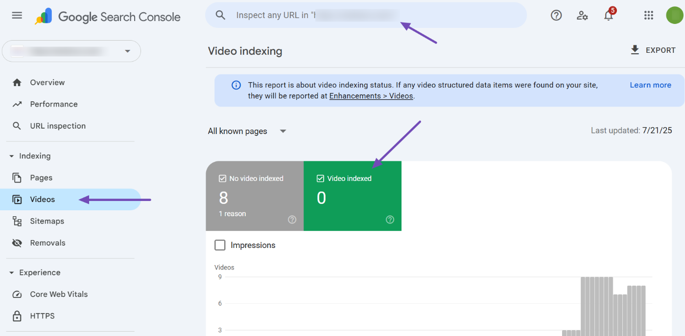 Check if the video is indexed in Google Search Console