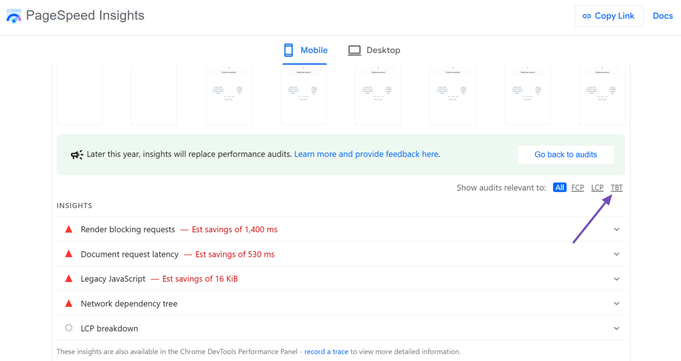 Click TBT in the Performance field of PageSpeed Insights 