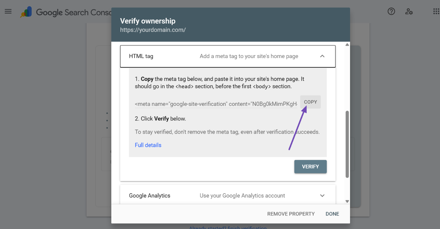 Copy HTML meta tag for site verification