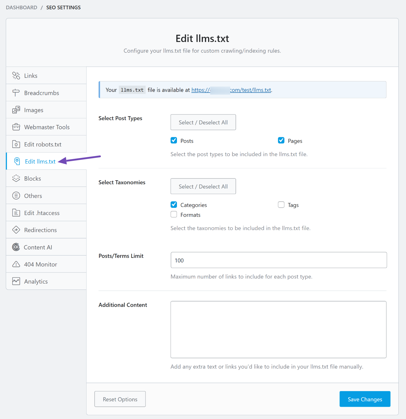 Edit llms txt settings