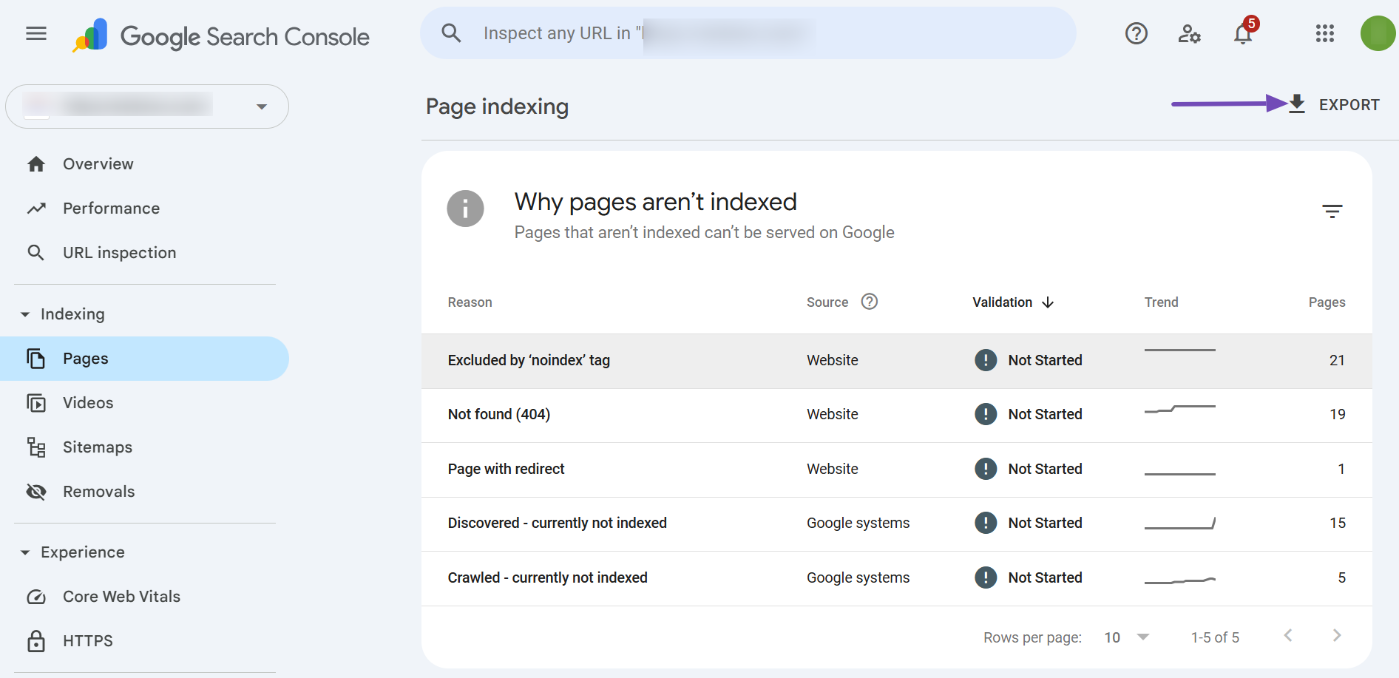 Export data in Google Search Console