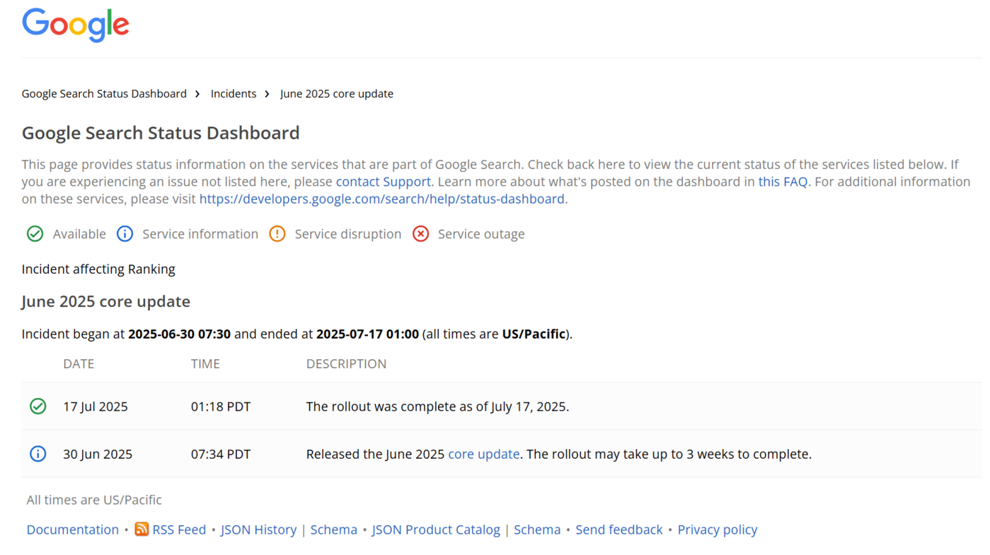 Google Search Status Dashboard of the June 2025 Core Update