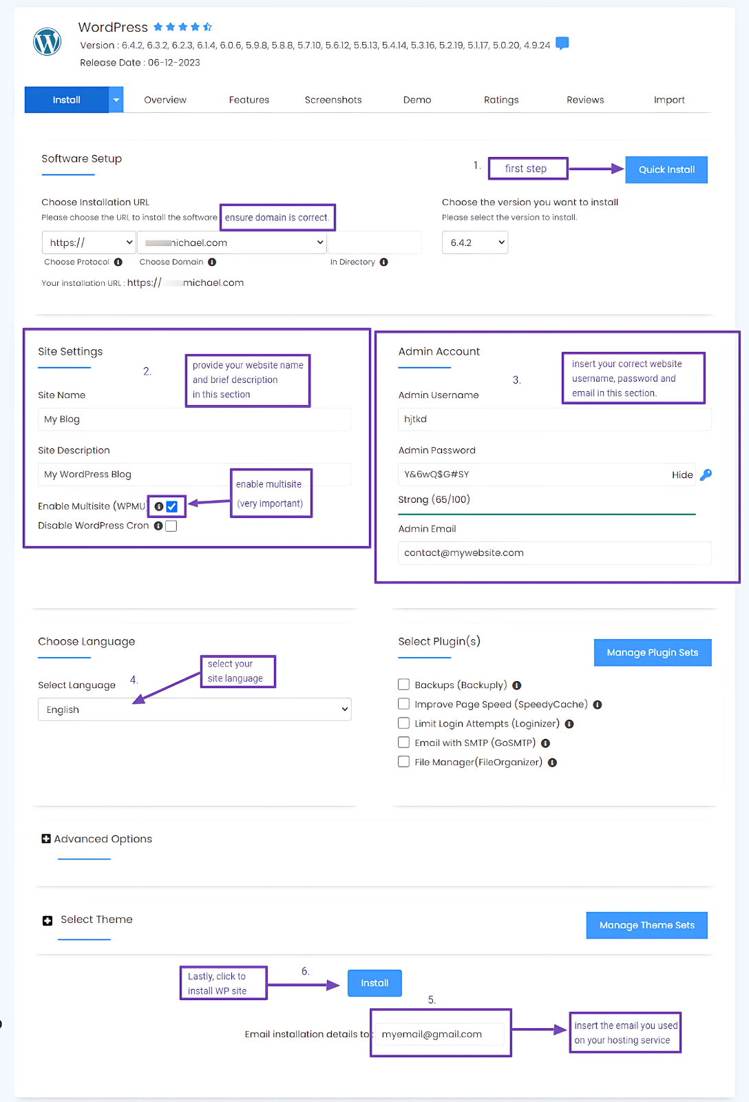 Install a multisite via Softaculous