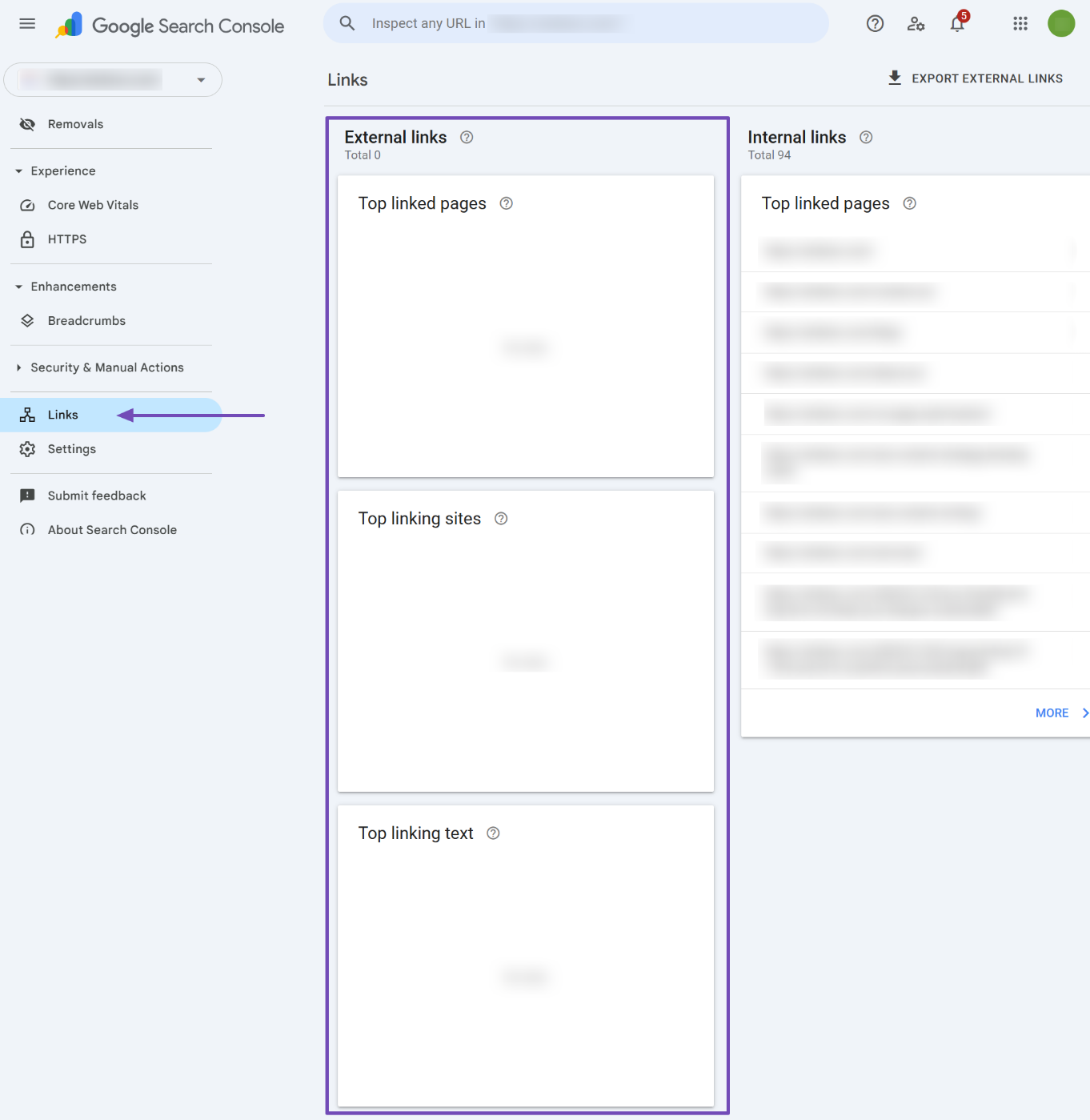 Links report in Google Search Console