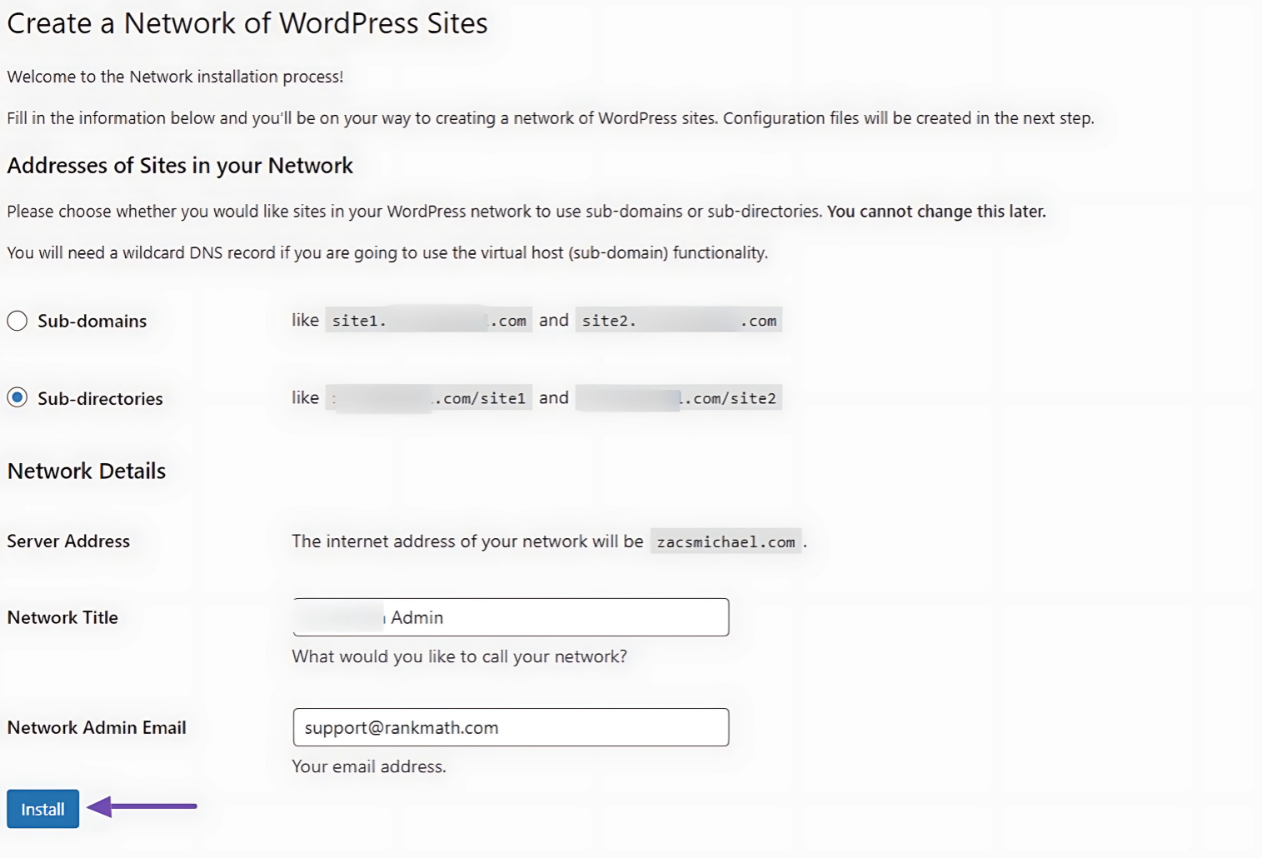 Network of WordPress sites for a multisite network