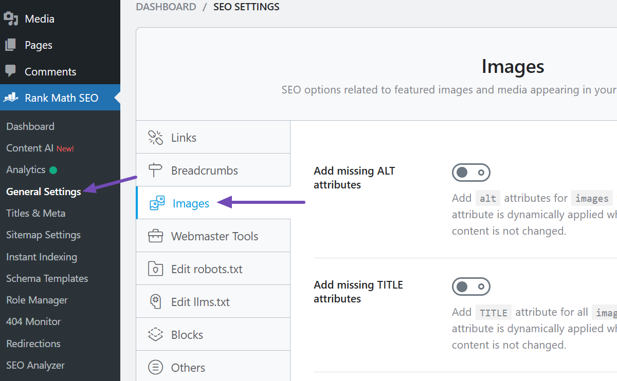 Open Images settings in Rank Math