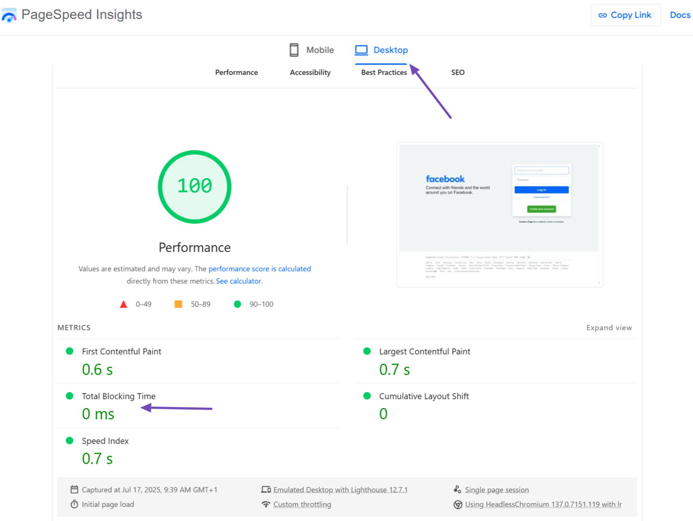 PageSpeed Insights displays the total blocking time for the desktop version of the URL