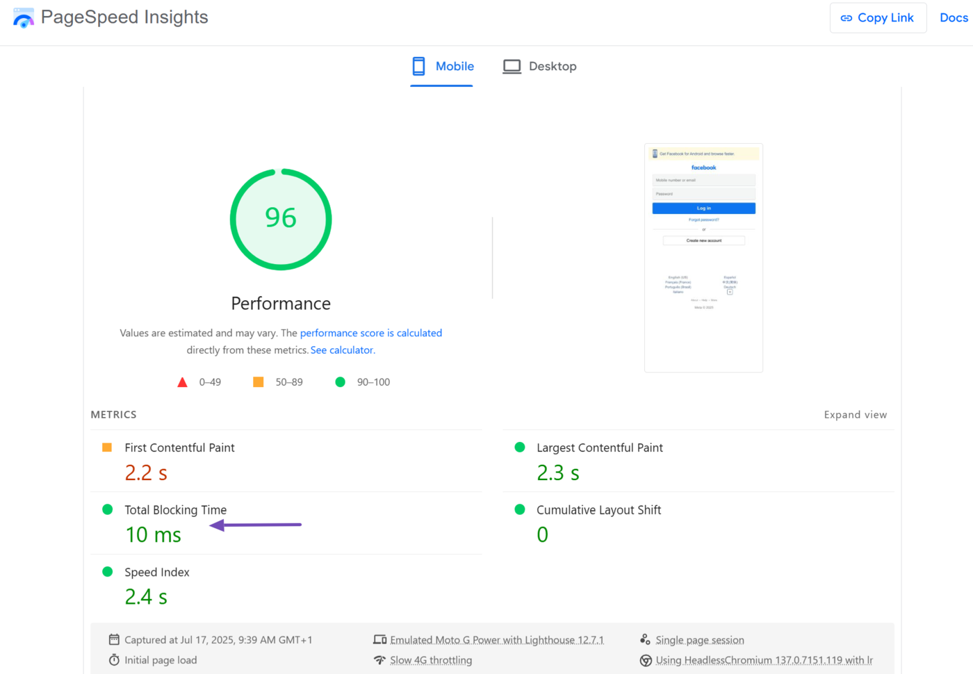 PageSpeed Insights displays the total blocking time