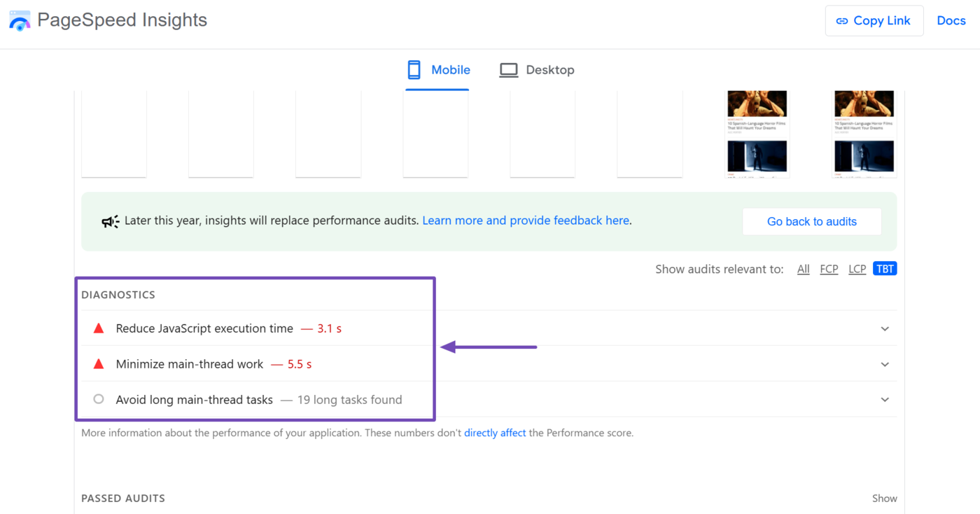 Sample of issues that have an impact on the total blocking time