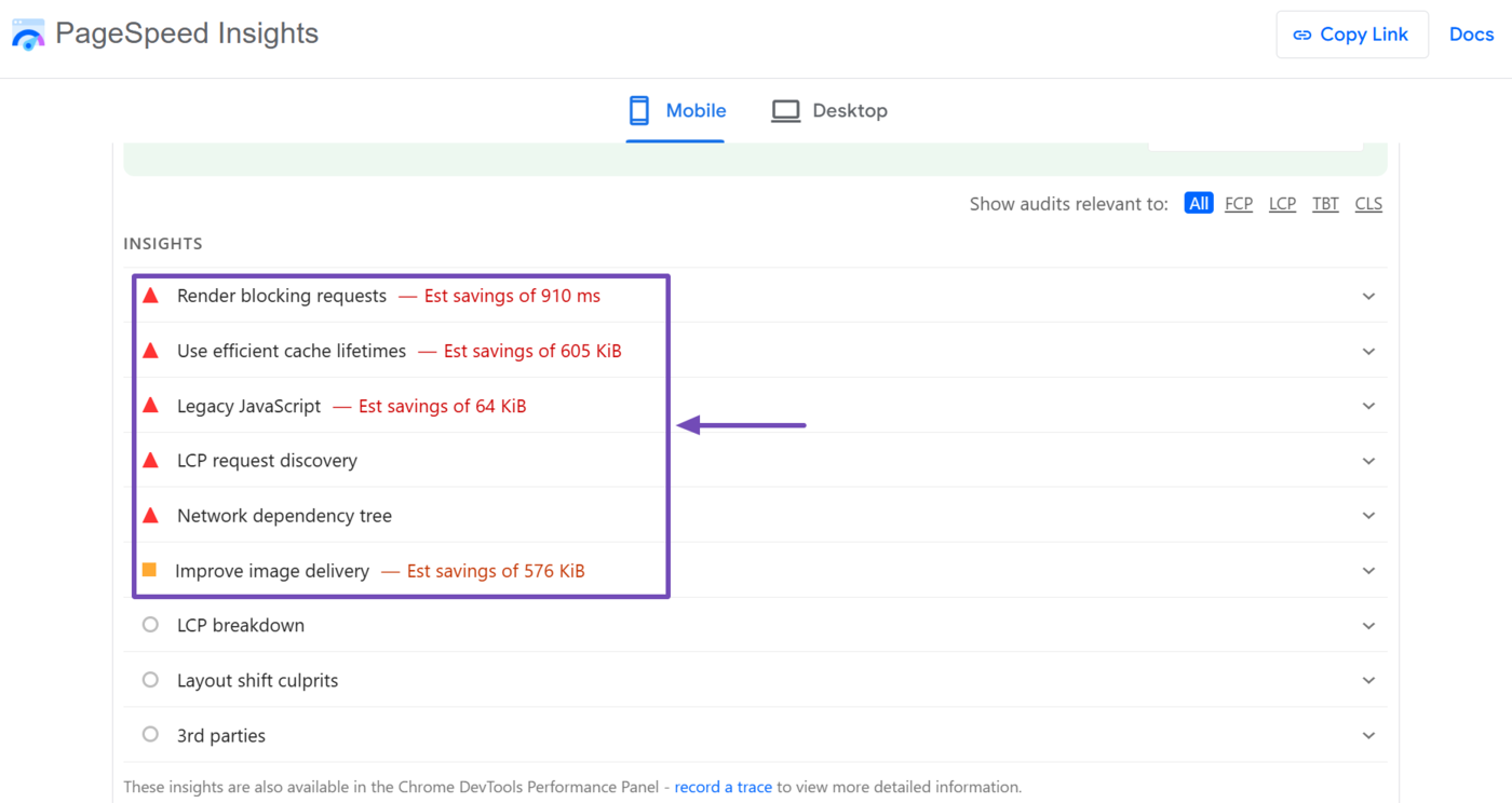 Sample of the Insights and Diagnostic fields of the PageSpeed Insights tool
