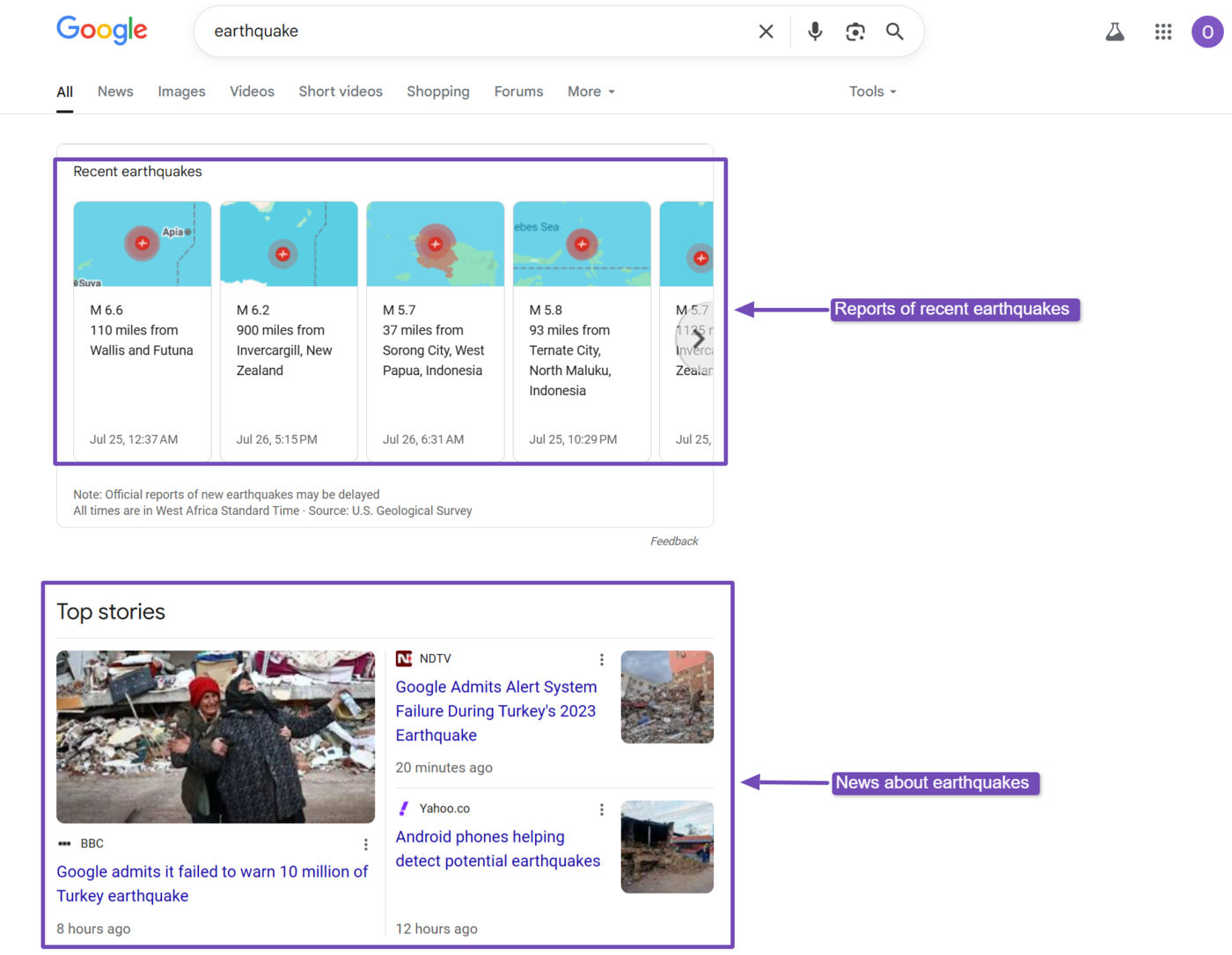 Sample of the Query Deserves Freshness (QDF) on Google search results pages