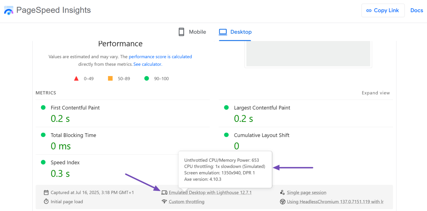 Sample of the device PageSpeed Insights used to evaluate the speed index