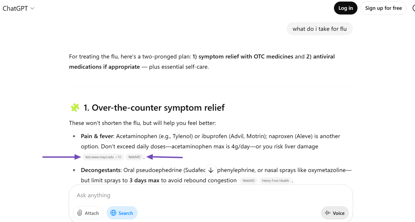 Sample of webpage links displayed by ChatGPT