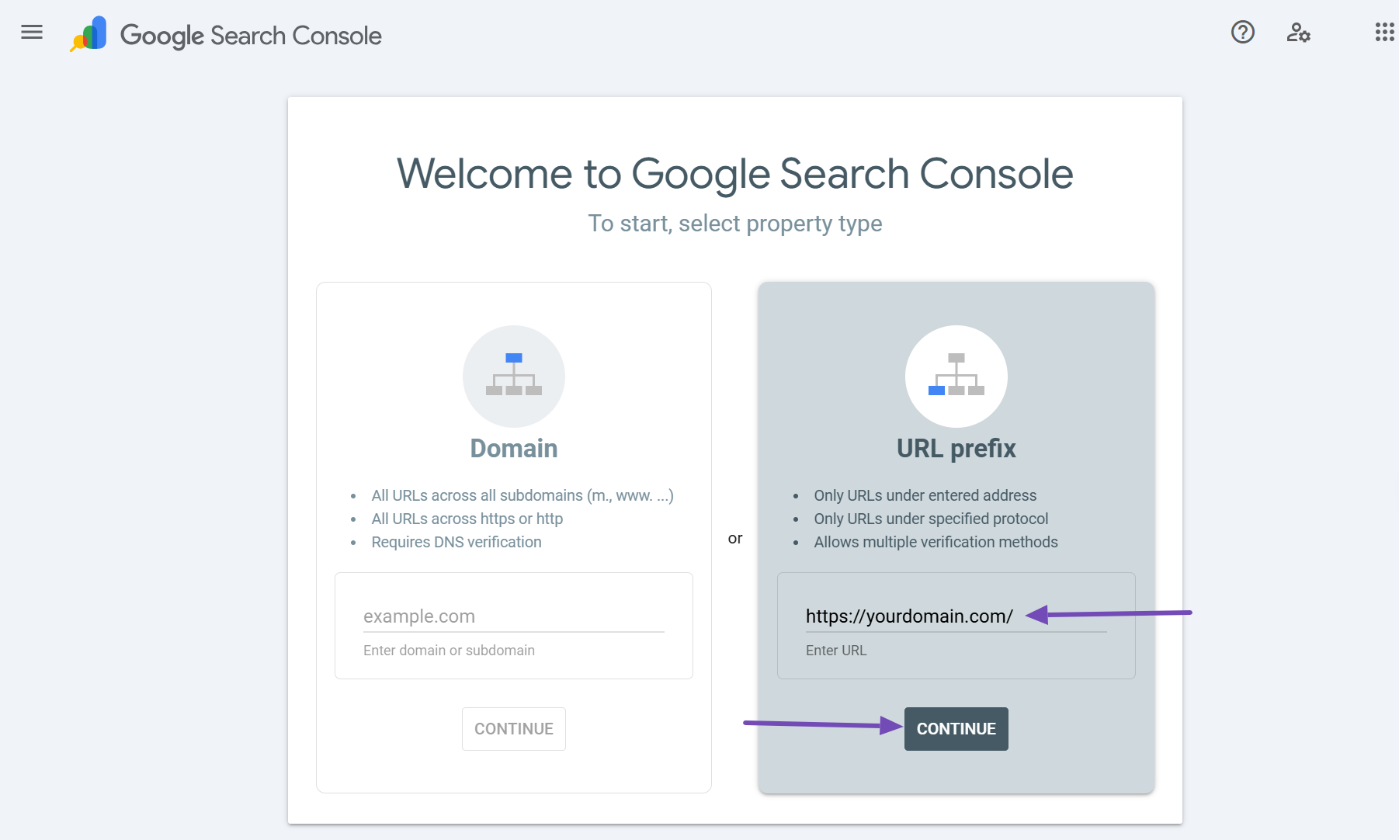 Select property type in Google Search Console