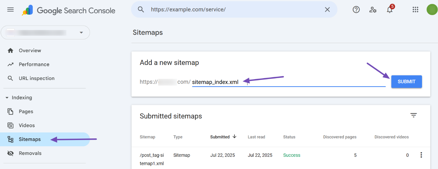 Submit sitemap in Google Search Console