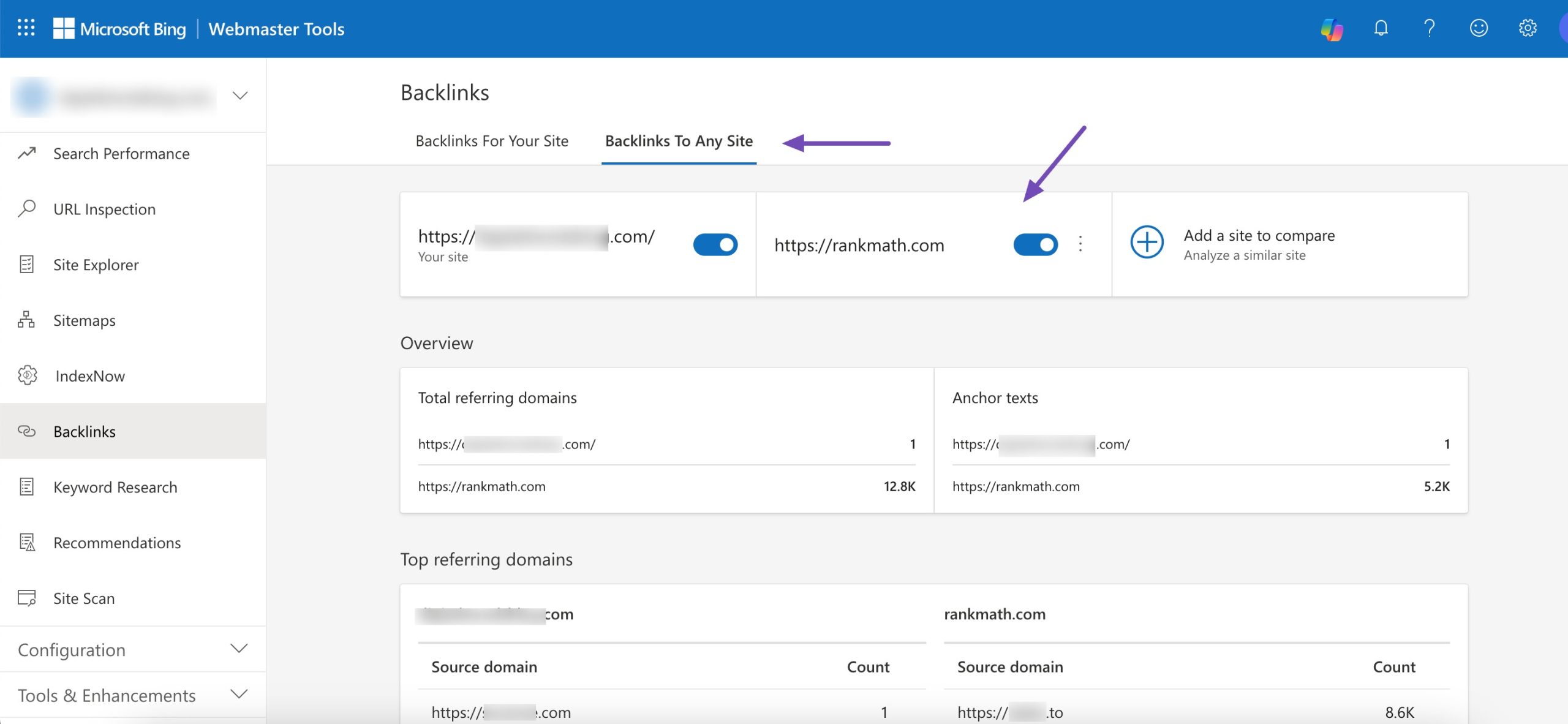 Backlinks to any site in Bing