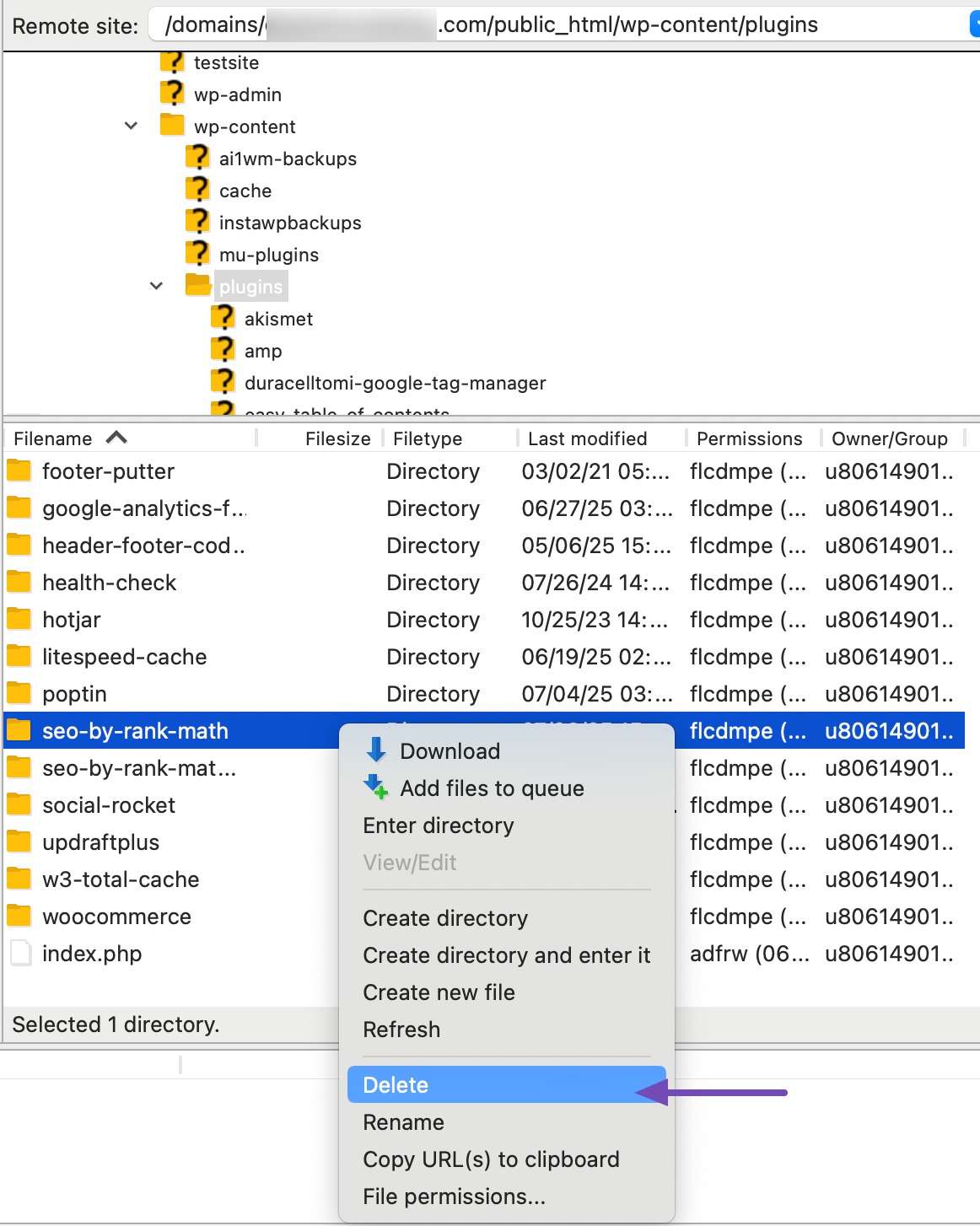 Delete the folder through FTP