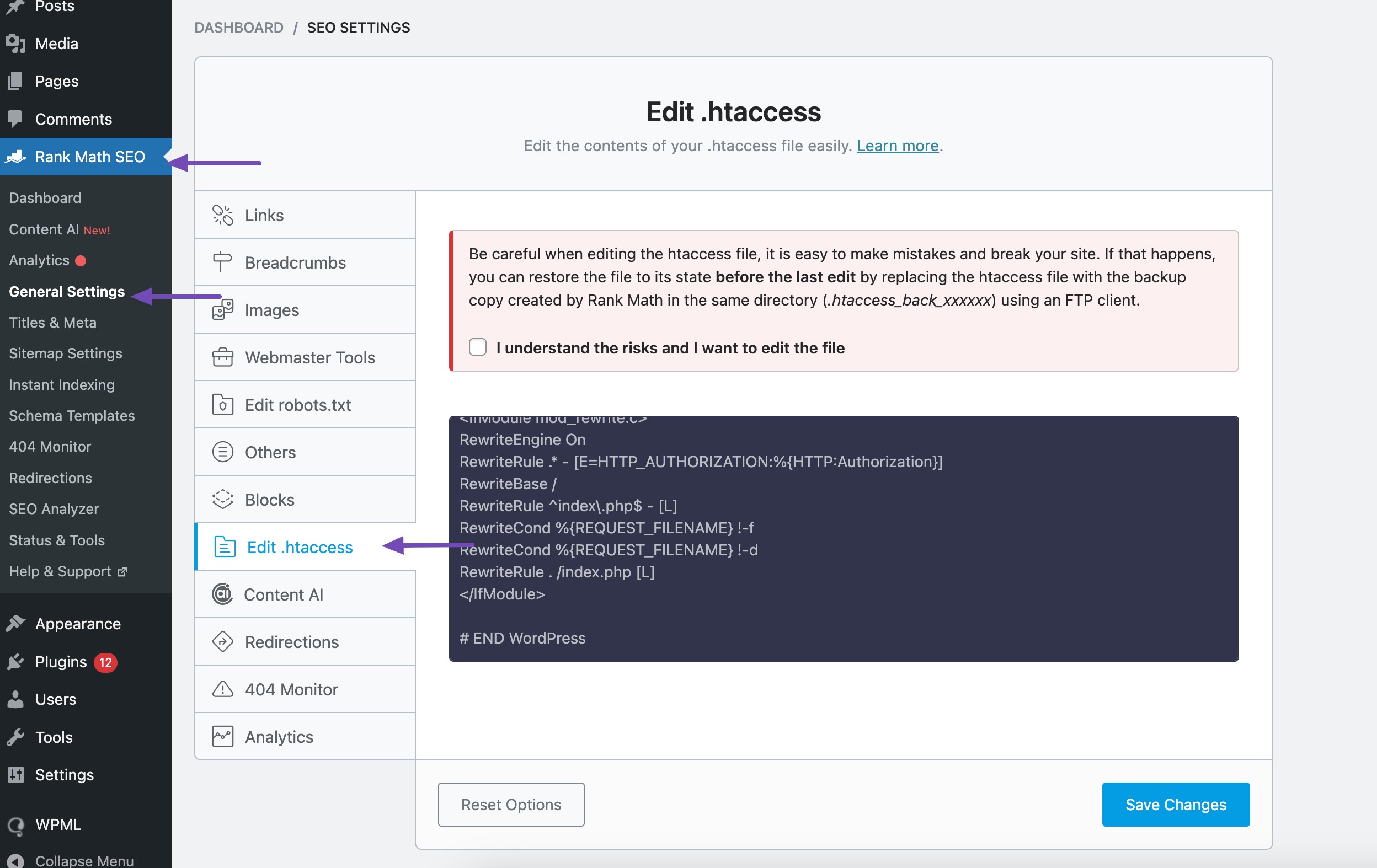 Edit .htaccess file in Rank Math