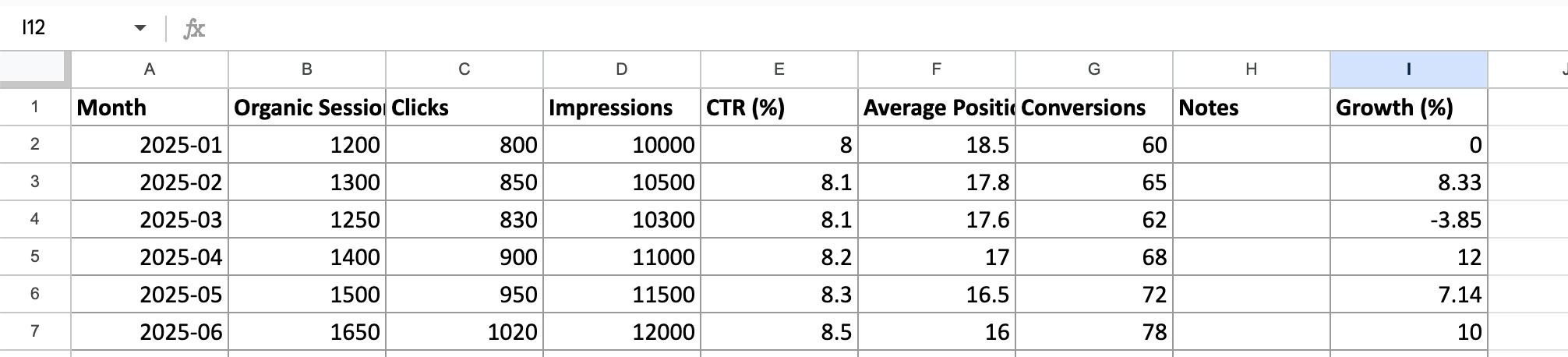 Example of excel sheet