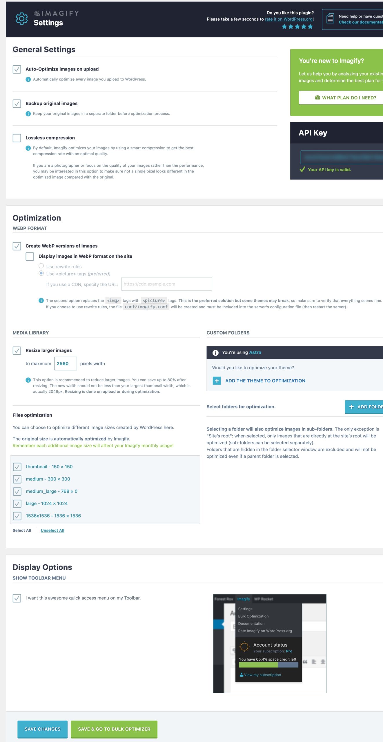 Imagify plugin settings