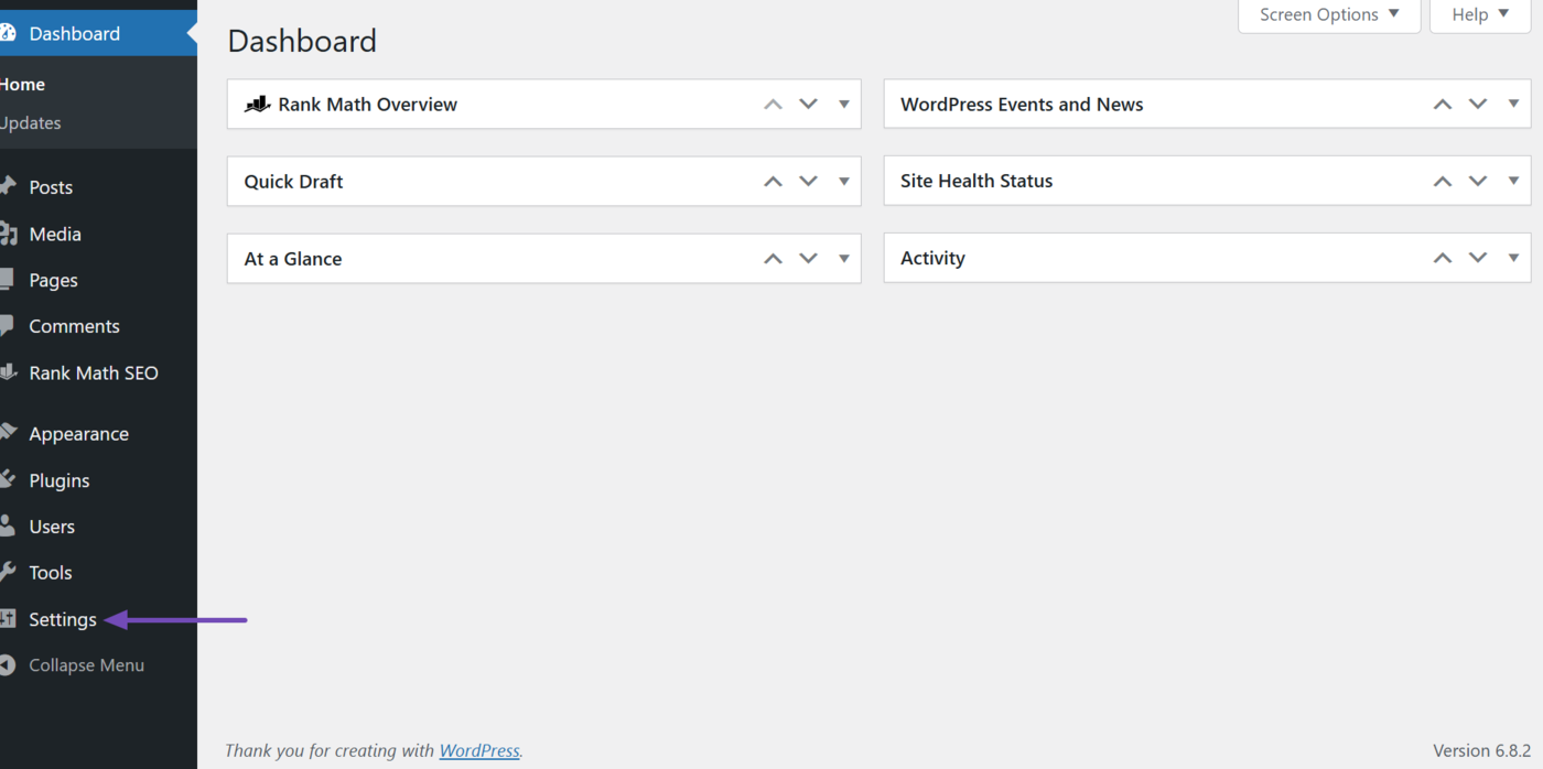 Click Settings in WordPress