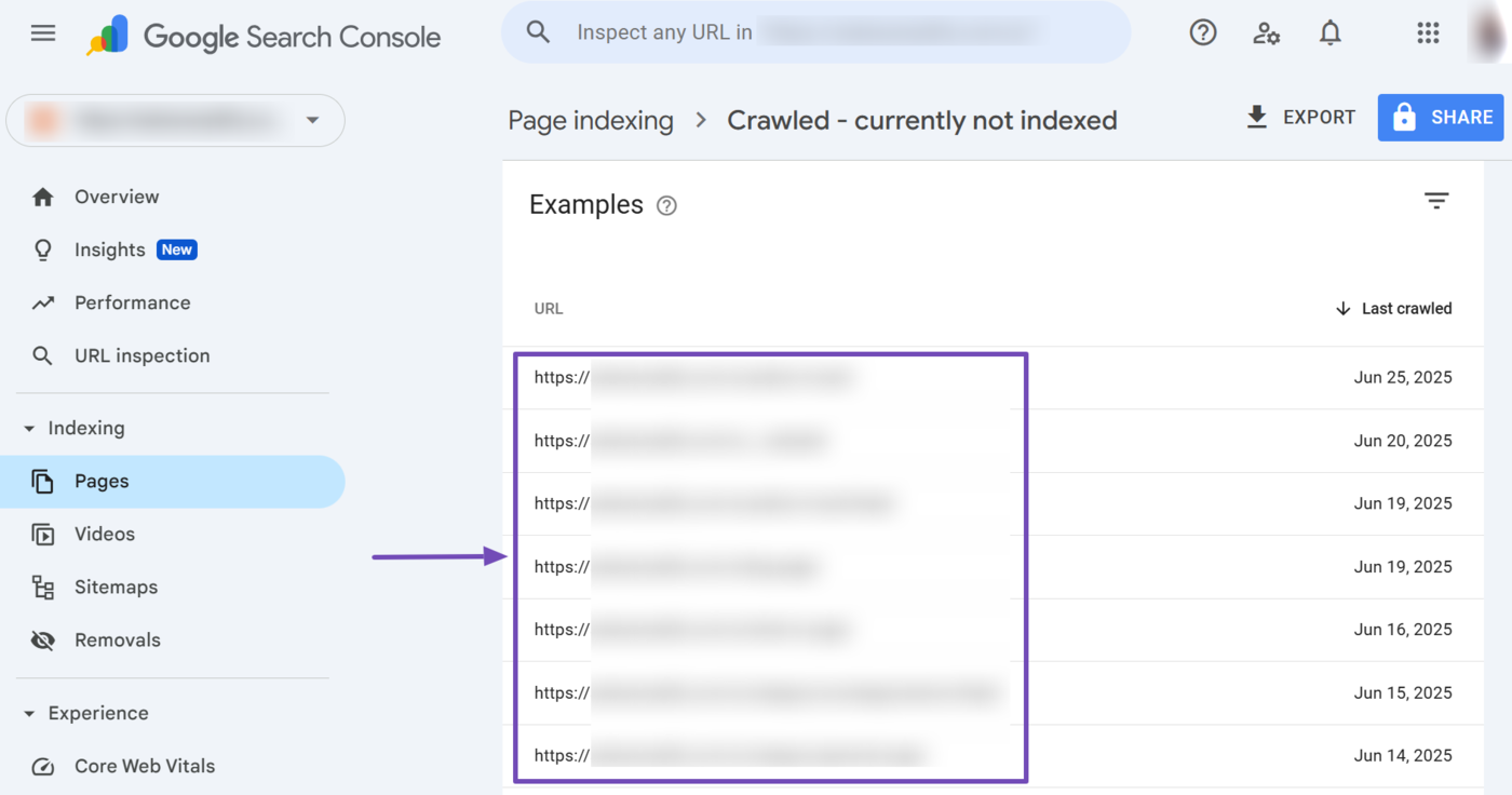 Click on any reason for more insights into the unindexed pages